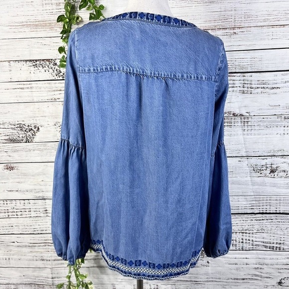 Southern Tide Blouse Tunic size Small Denim Jean Tencel Peasant Boho Tassels - Picture 14 of 16